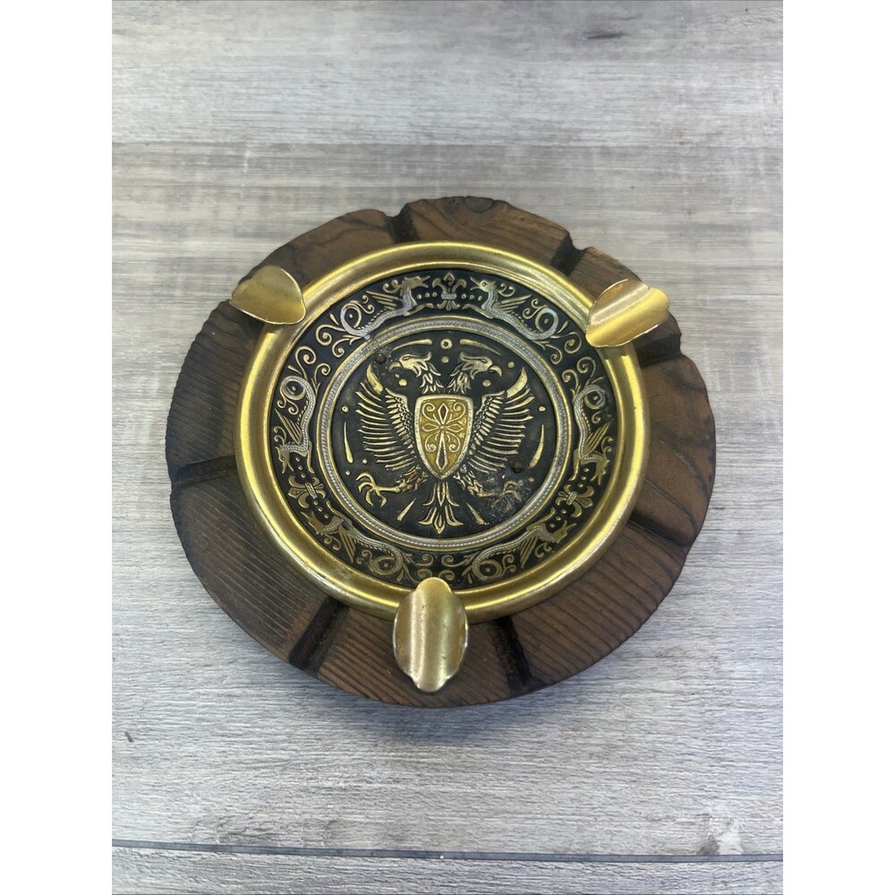 Vintage Ashtray Double Headed Eagle Wood Base Vtg